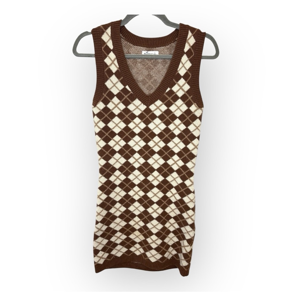 Hollister Brown Cream Argyle Sweater Vest Dress Academia Preppy Y2K Knit Small